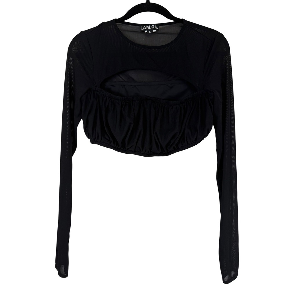 I.AM.GIA Black Mesh Cutout Ruched Long Sleeve Crop Top Large